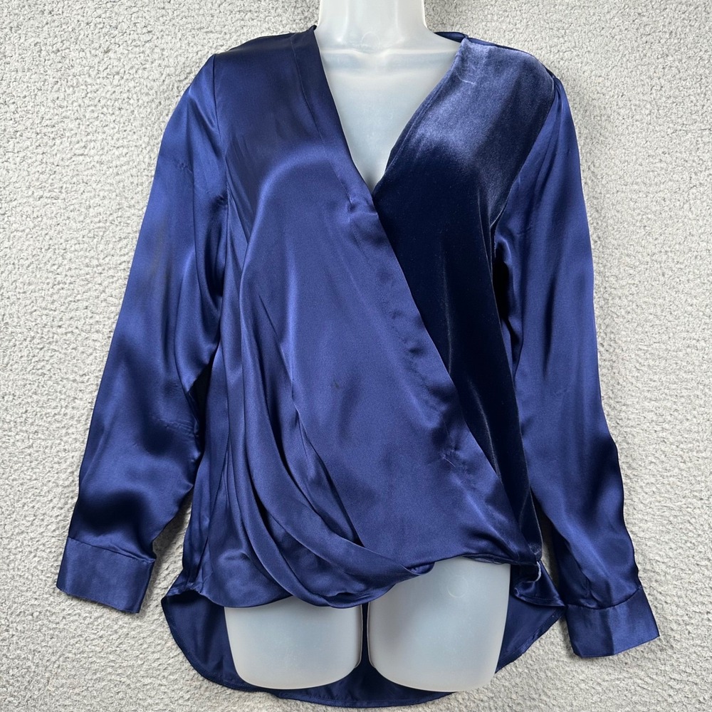 Sundance Blended Paths Silk Velvet Blouse Women'a S Navy Faux Wrap Boho Luxury - Picture 14 of 16